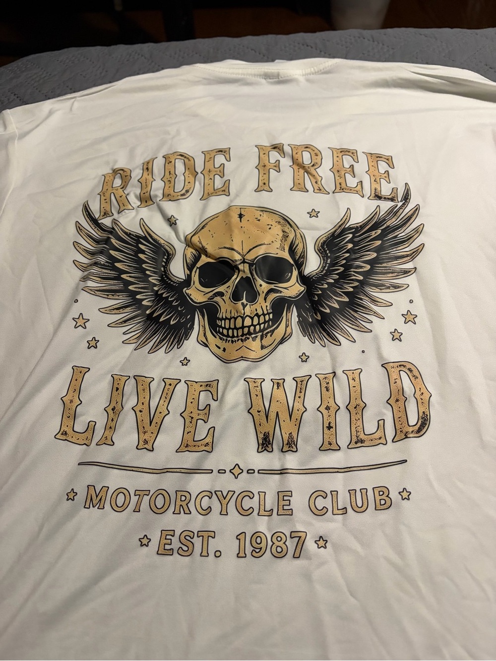 White "Ride Free Live Wild" Skull Graphic Tee - Motorcycle Club Style
